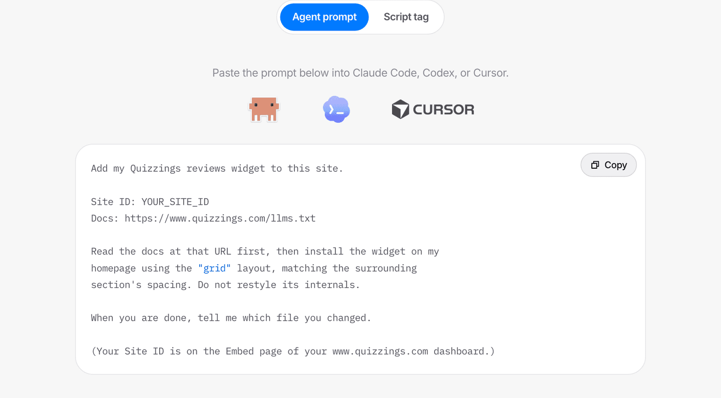 The Quizzings install section with the Agent prompt tab selected, showing the prompt you paste into Claude Code, Codex or Cursor.