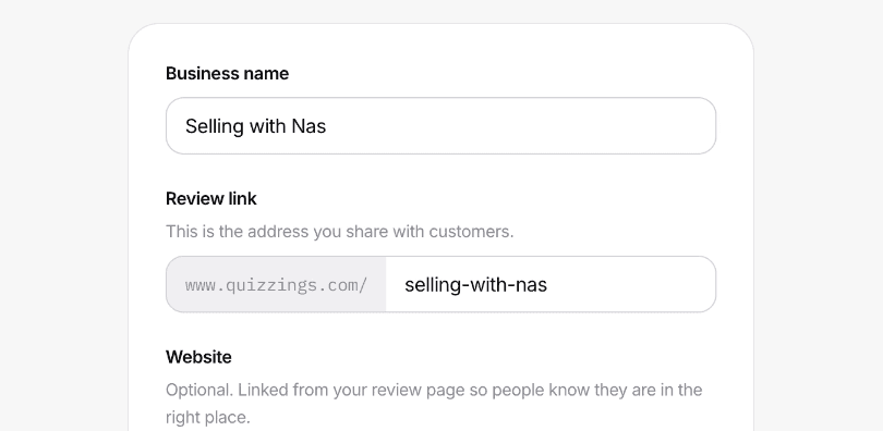 The Quizzings business setup form auto-generating a personalized review link from the business name as it's typed.