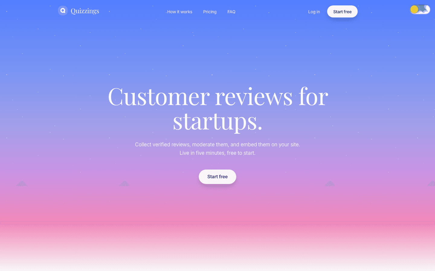 The Quizzings homepage, with the headline "Customer reviews for startups." over a blue-to-pink sky and a Start free button.
