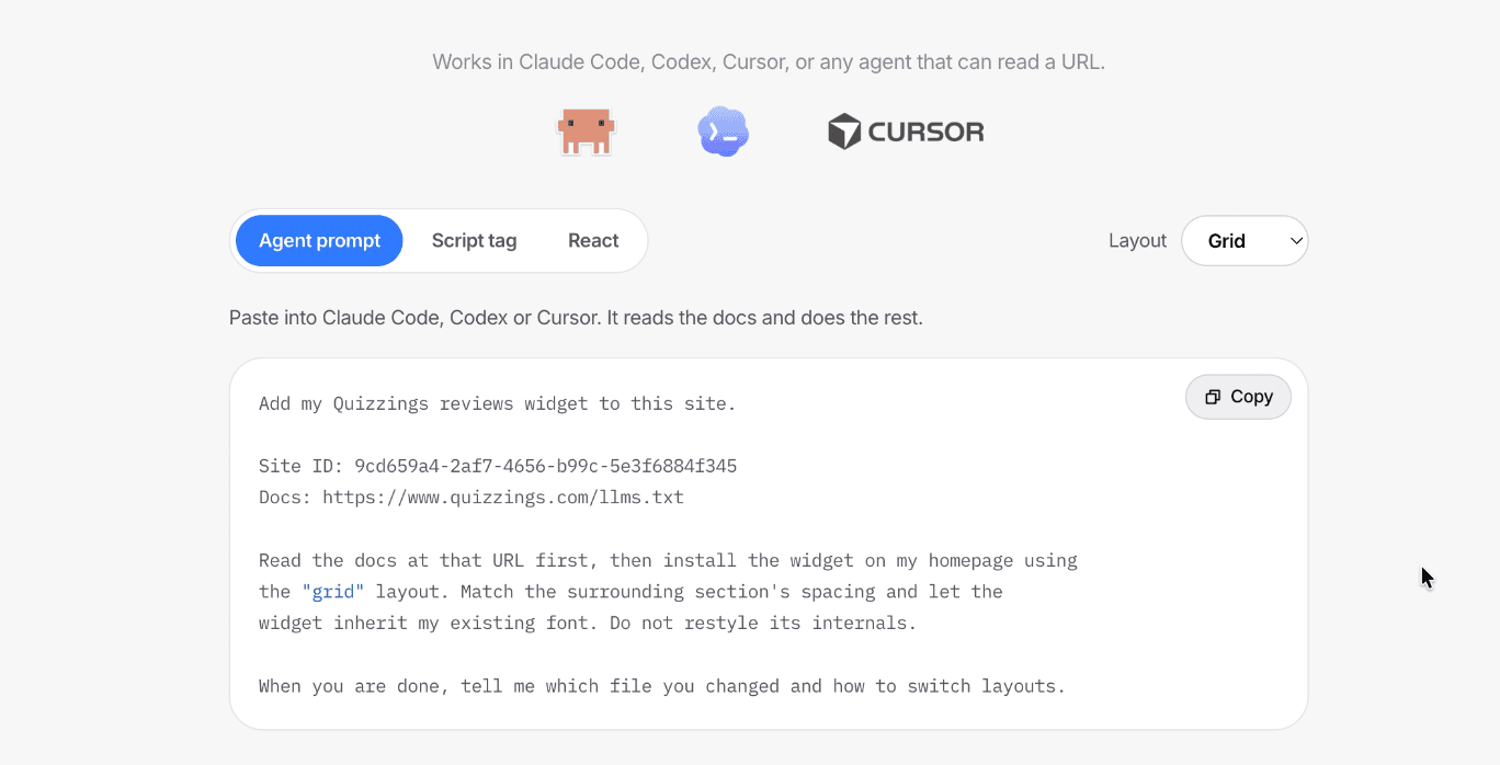 Embed page's Agent prompt tab, with the prompt ready to copy into a coding agent.