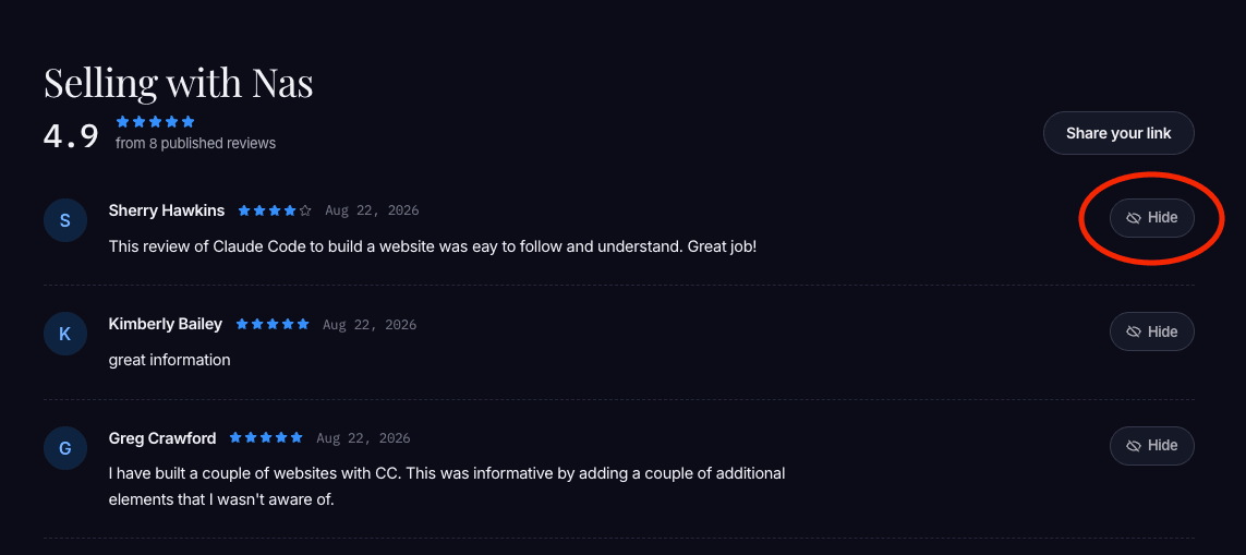 Reviews dashboard with a Hide button beside each review.
