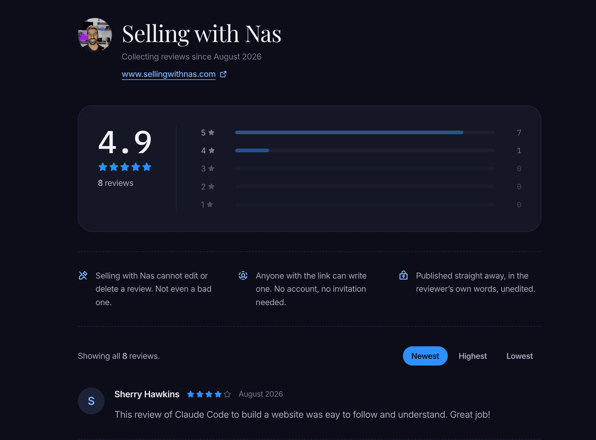 Public review page showing the star rating and the full list of published reviews.