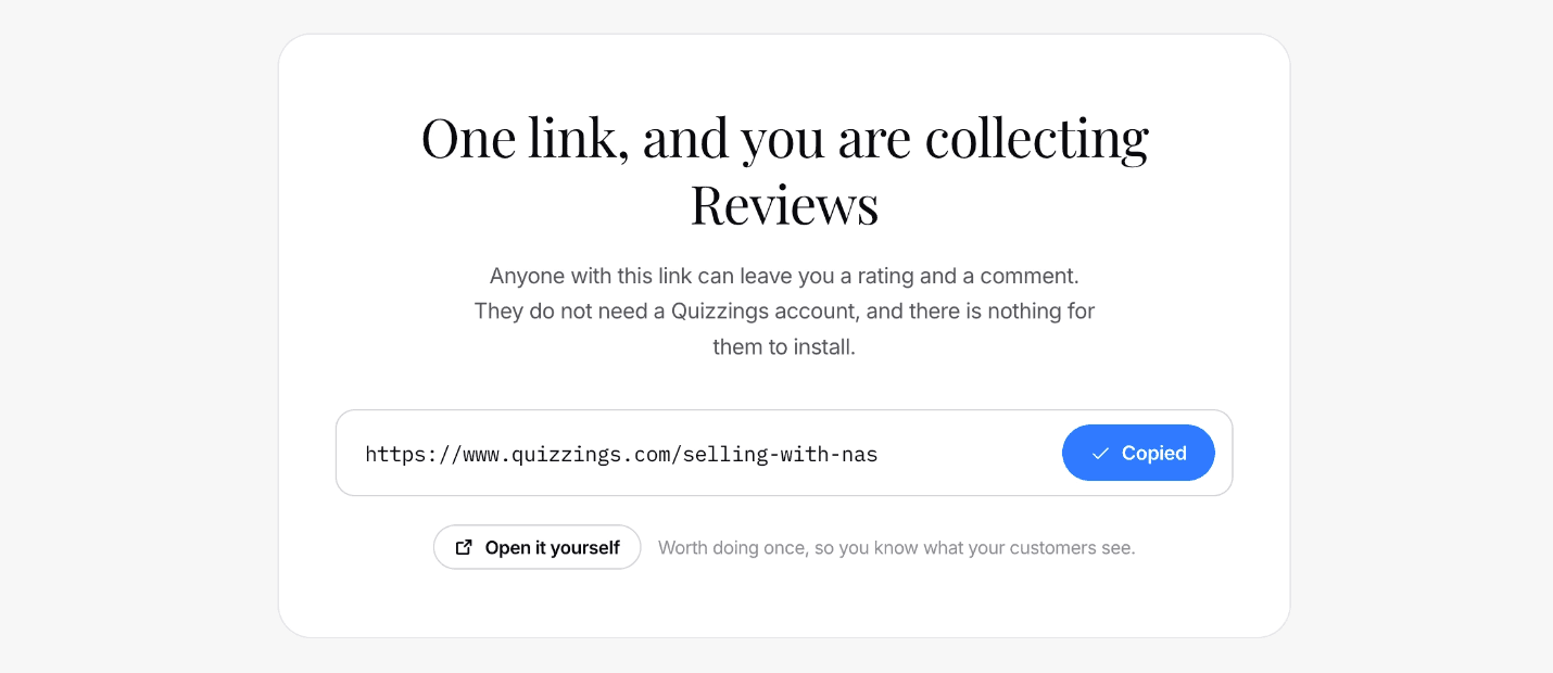Confirmation screen with the copied review link, ready to share with customers.