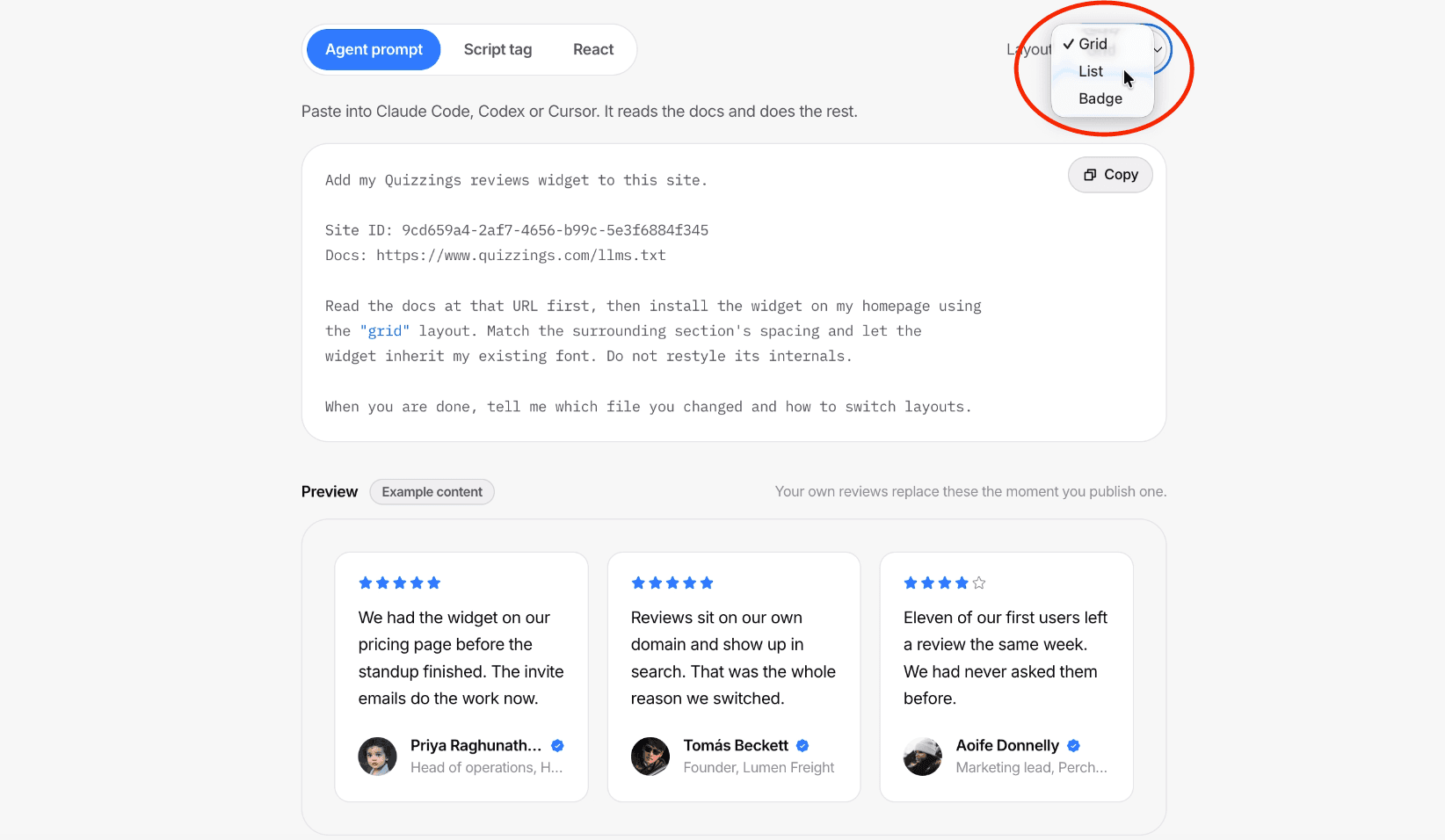 Embed page with layout options for how reviews display on your site.