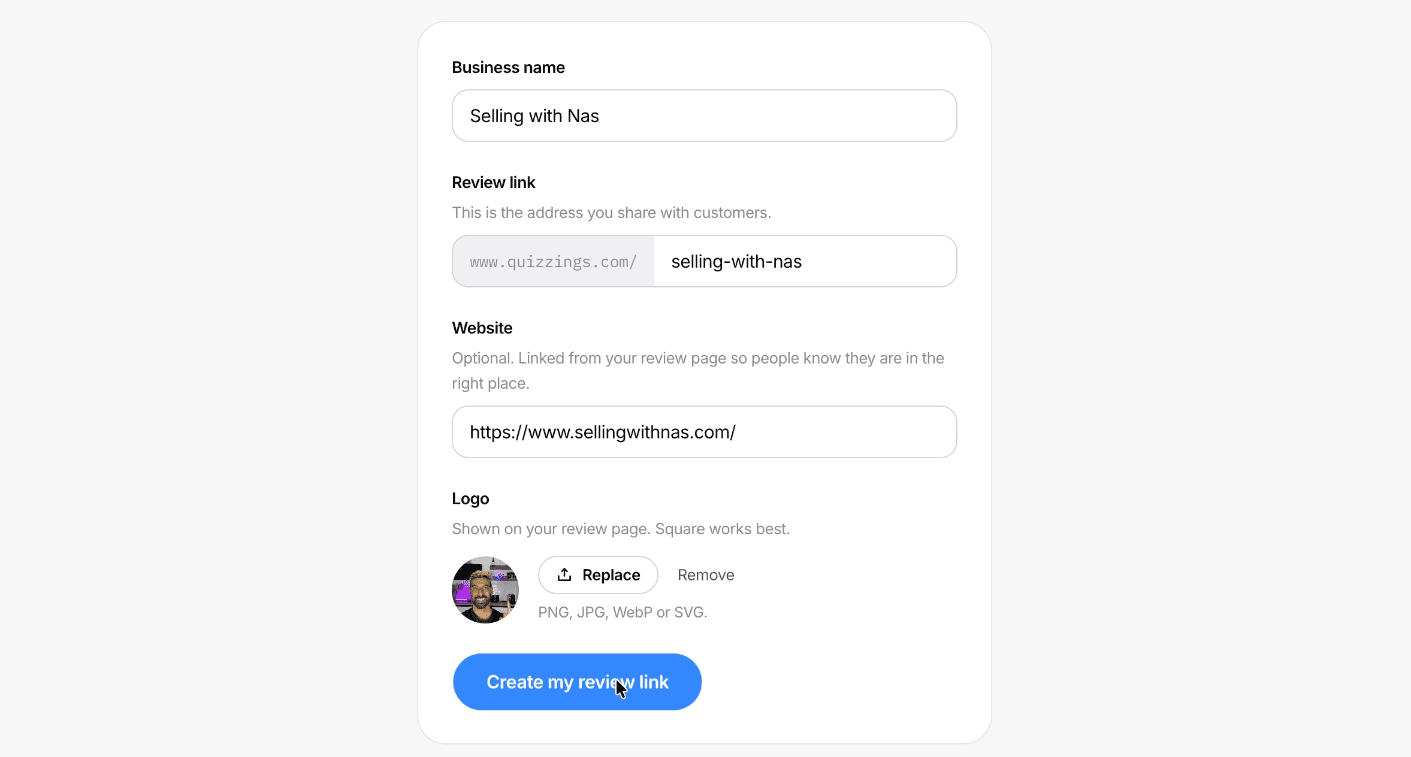Quizzings account setup form, with fields for business name, review link, website and logo.